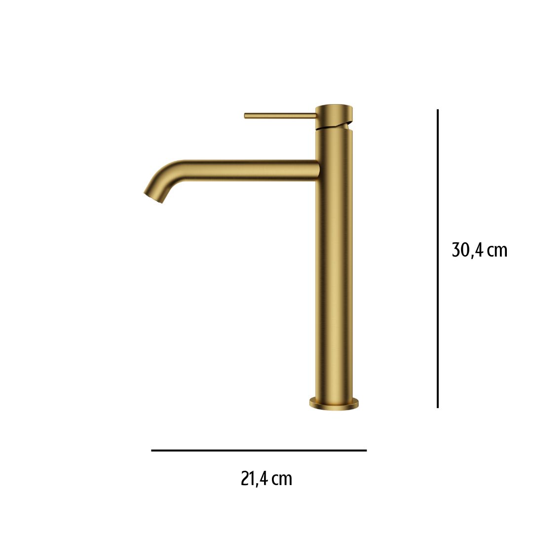 Robinet de lavabo de salle de bain doré, design haut et élégant. 30,4 cm de haut, 21,4 cm de large.