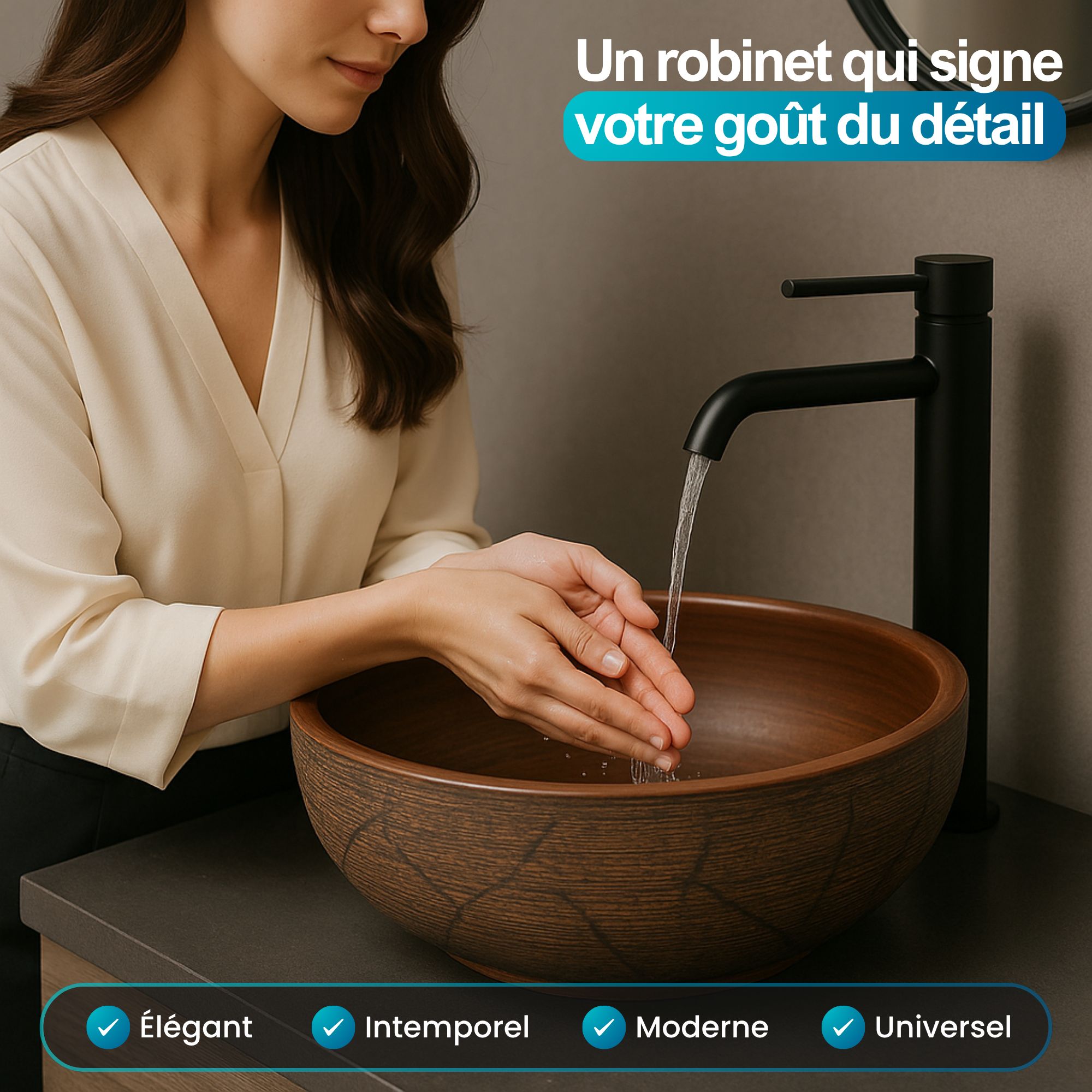 Robinet à bec haut couleur noir mat: Matte black high-spout faucet, modern minimalist design for bathroom or kitchen sink. 30 cm height.