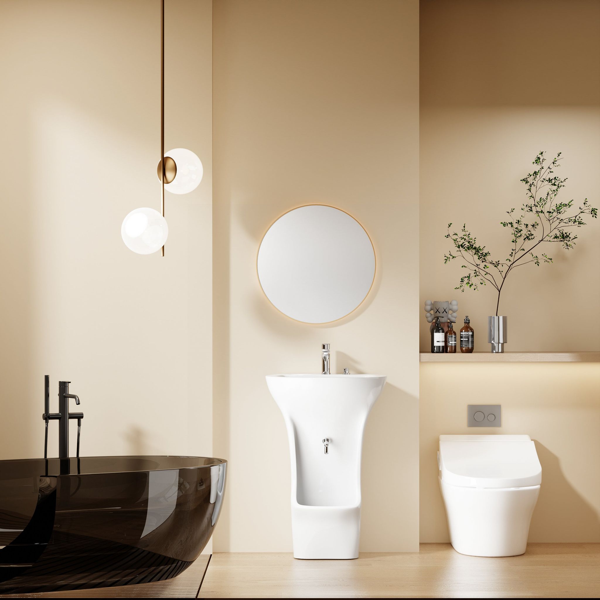 Méca Wudu Lavabo : Salle de bain minimaliste moderne comprenant un lavabo sur pied, des toilettes suspendues et une baignoire marron foncé.