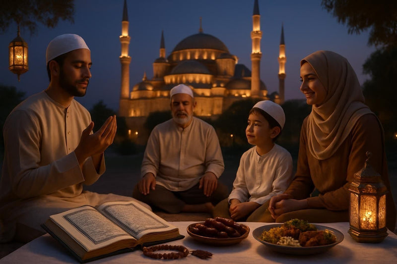 Famille musulmane réunie au Ramadan devant une mosquée. Livre ouvert, lanternes. Comment profiter des 10 dernières nuits du Ramadan.