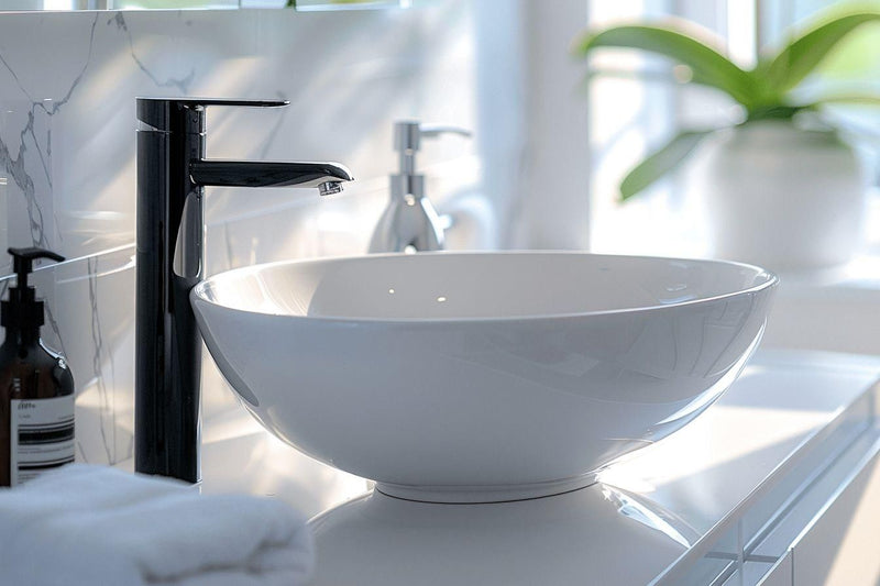 Lavabo blanc et robinet noir sur plan de travail marbre.