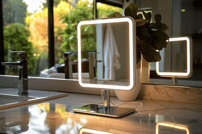 Deux miroirs lumineux sur un comptoir avec des plantes en arrière-plan