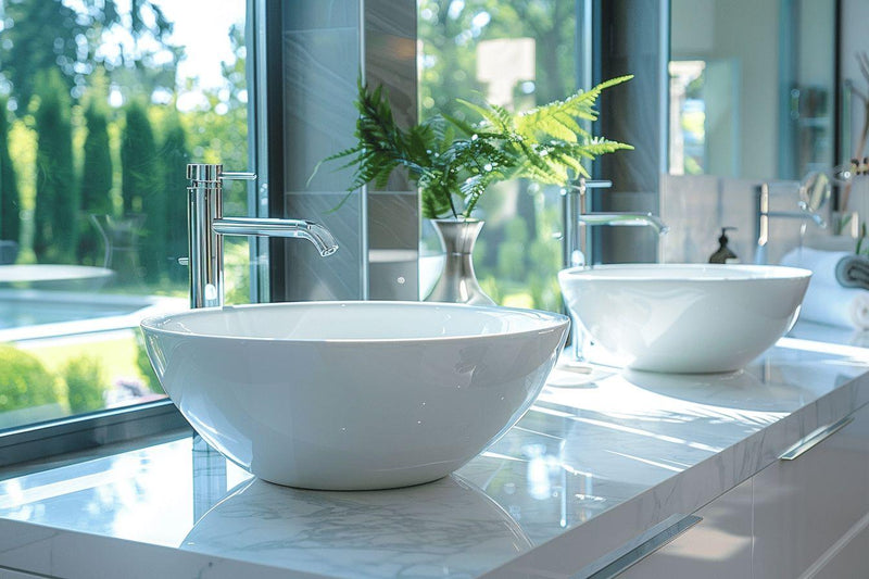 Lavabo design avec un décor végétal dans une salle de bain moderne