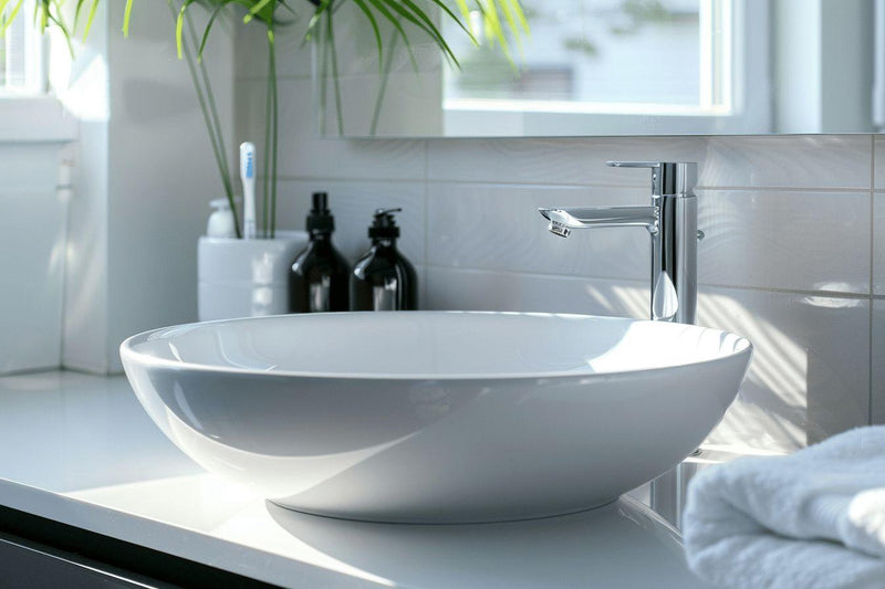 Vasque blanche moderne avec robinet chromé dans une salle de bain.