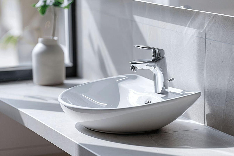 Vasque blanche avec robinet chromé sur plan de travail gris