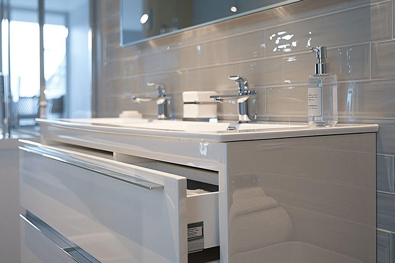 Évier de salle de bain avec miroirs et robinets chromés