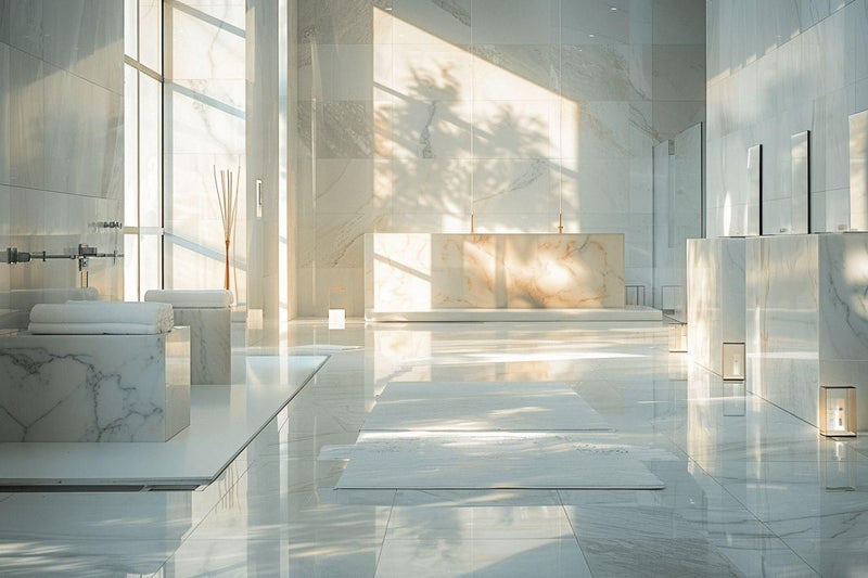 Une salle de bain luxueuse aux tons clairs, avec un carrelage en marbre et de la lumière naturelle