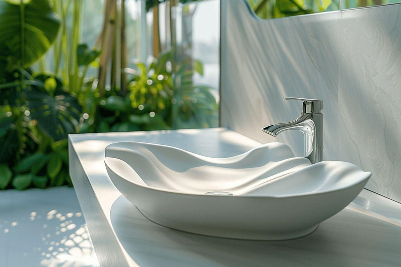 Vasque de salle de bain moderne avec robinet chromé dans un environnement végétal.
