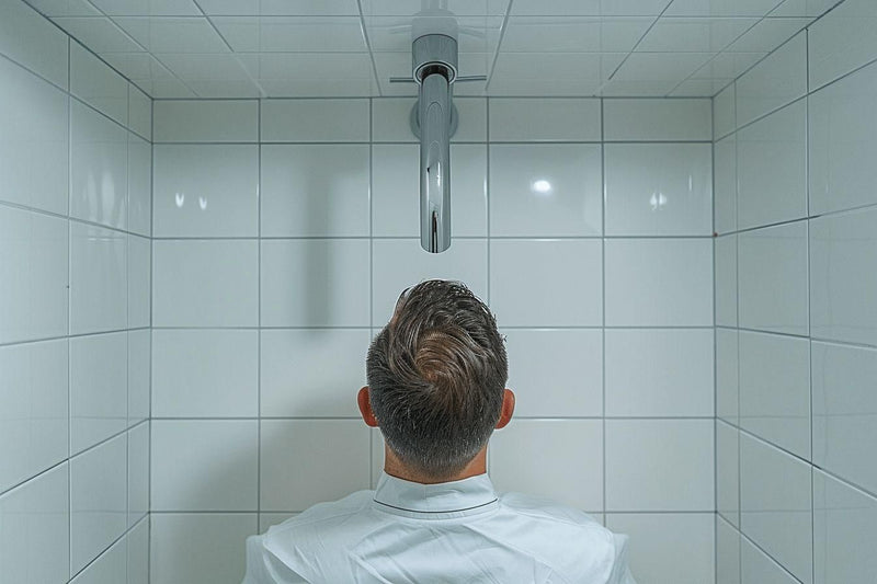 Vue arrière d'une personne se tenant sous une douche dans une salle de bains carrelée.