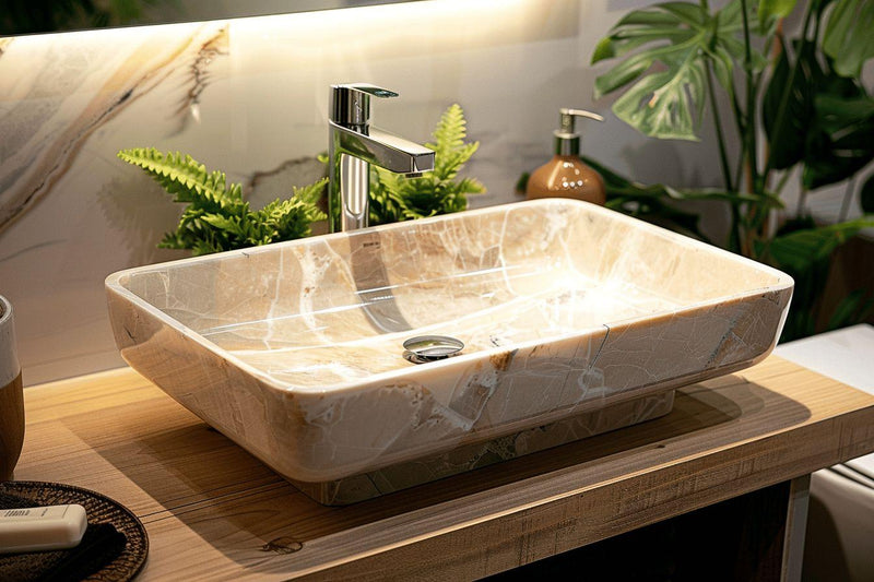 Lavabo en marbre poli avec robinet chromé sur un meuble en bois.