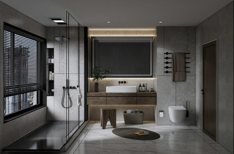 Salle de bain moderne de luxe avec douche à l'italienne, meuble-lavabo en bois et miroir éclairé