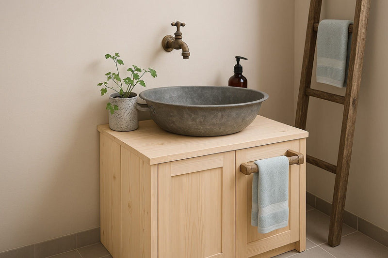 Créer un lavabo original avec des objets de récup : idée lavabo de salle de bain rustique avec des matériaux de récupération