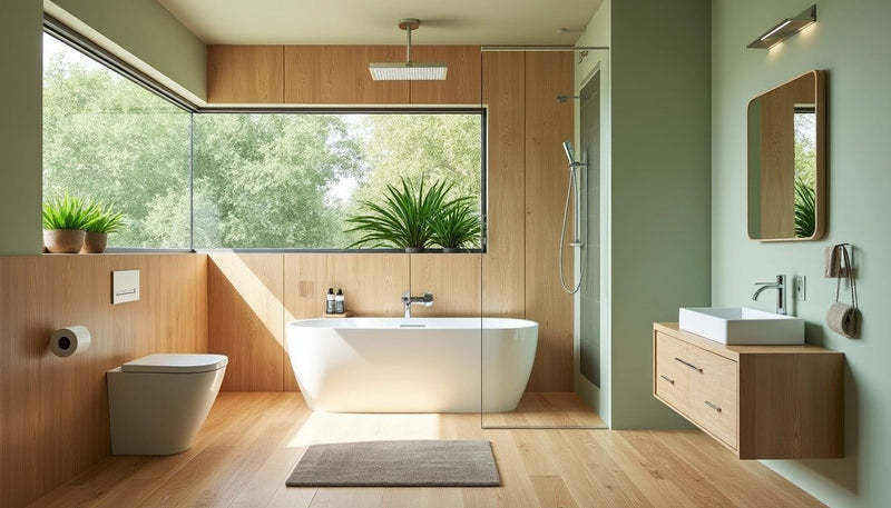 Meuble de salle de bain tendance : baignoire îlot, meuble vasque moderne et grande fenêtre lumineuse.