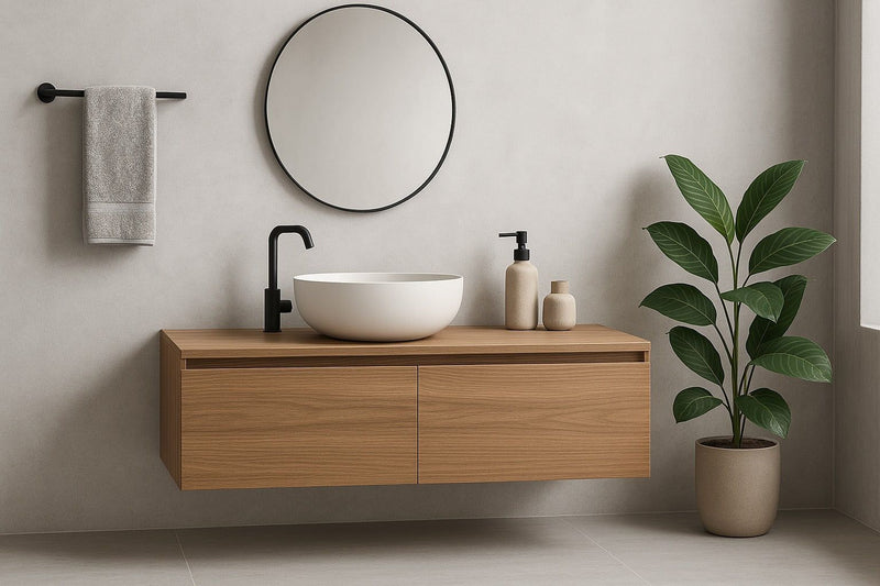 Meuble de salle de bain tendance 2025 : coiffeuse moderne en bois avec miroir rond et plante en pot