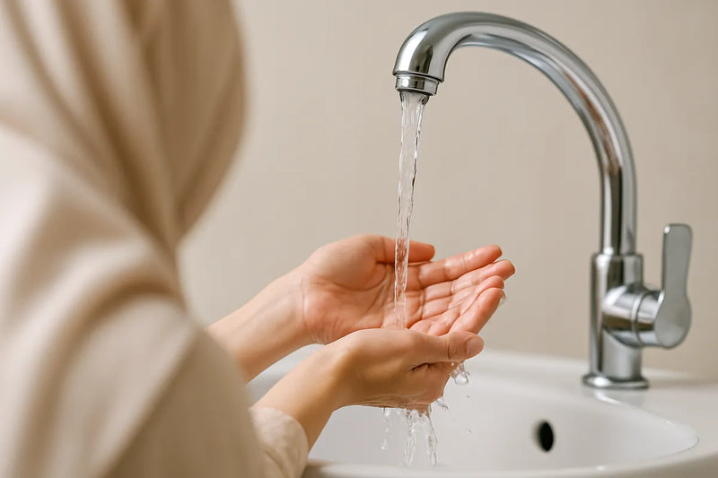 Femme faisant ses ablutions : guide complet sur la petite et grande ablution en Islam.