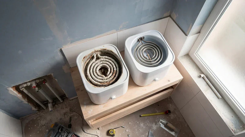 Deux résistances de chauffe-eau, une neuve et une entartrée, posées sur un support en bois