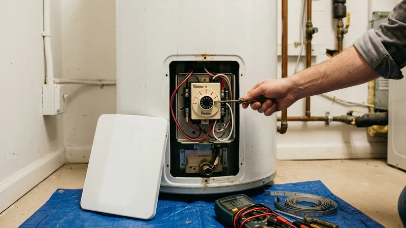 Personne ajustant la température d'un chauffe-eau avec un tournevis.