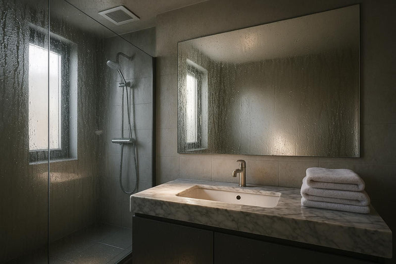 Salle de bain moderne avec condensation sur la douche et le miroir. Solution: Pourquoi j'ai de la condensation dans ma salle de bain malgré la VMC ?