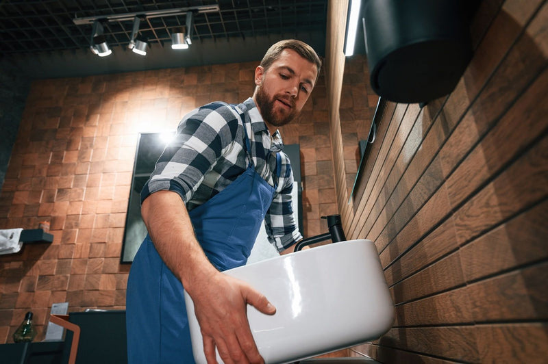 Installation lave-mains WC : homme fixant un lavabo blanc dans une salle de bain moderne avec mur en bois.