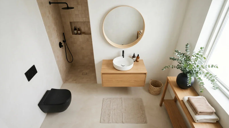Salle de bain Japandi avec douche à l'italienne, meuble vasque en bois et miroir rond.