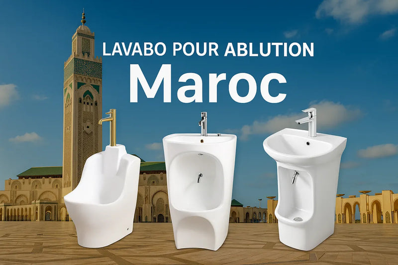 Lavabos pour ablution au Maroc, guide et solutions Dileci. Trois modèles blancs devant une mosquée.