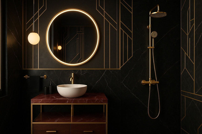 Meuble salle de bain art déco : Décor chic et graphique avec marbre noir, accents dorés et miroir rond.