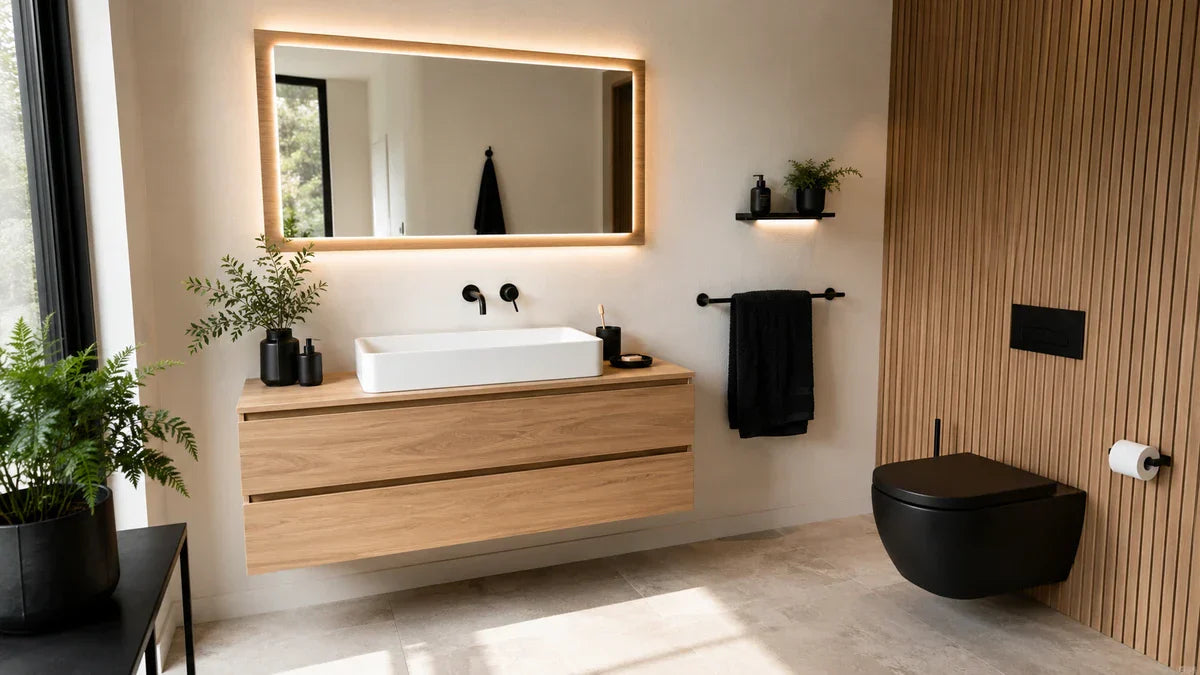 Salle de bain noir et bois clair, mode d'emploi pour ne pas se rater