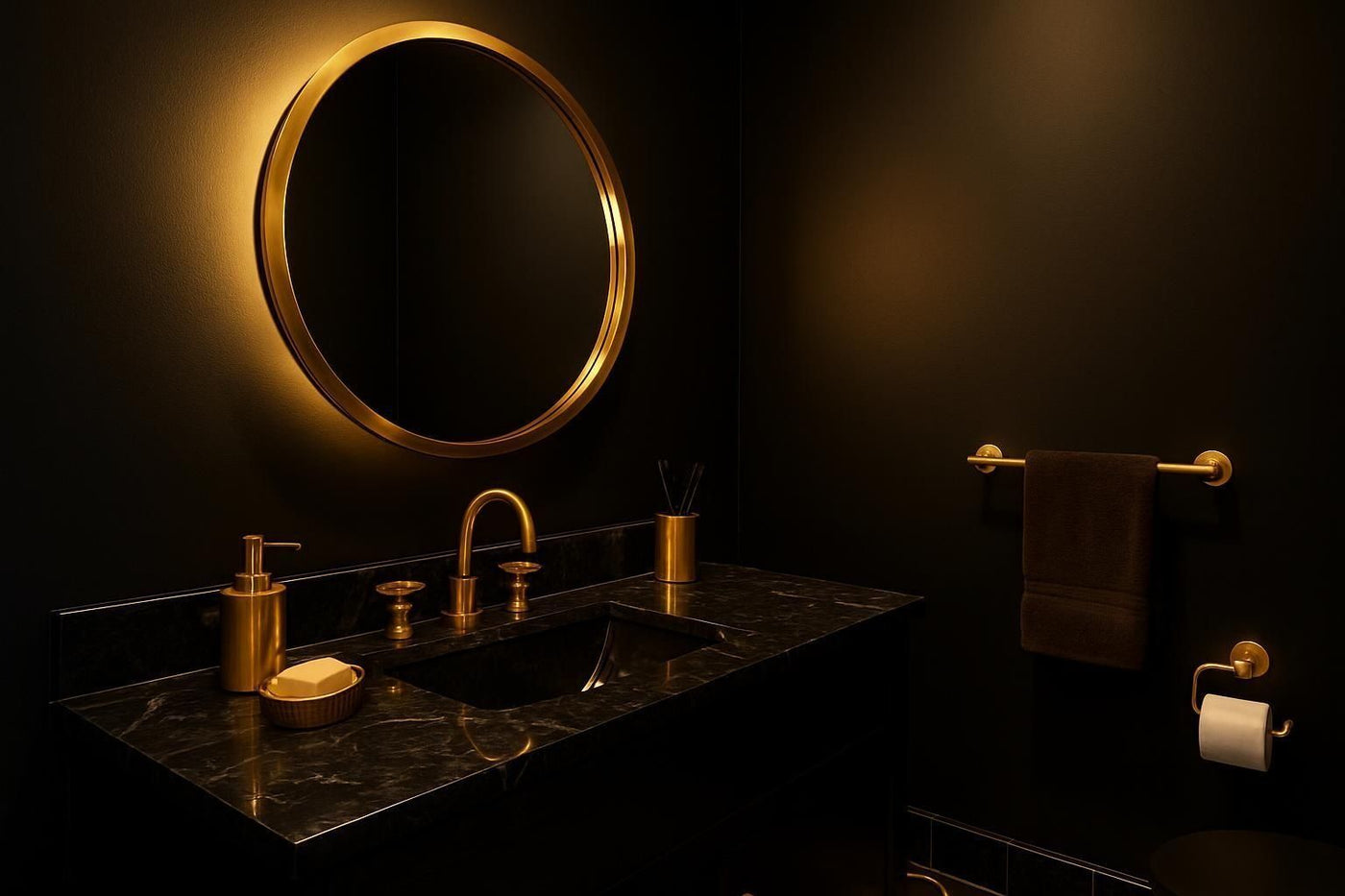 Osez le mélange noir et doré dans votre salle de bain, le résultat vous surprendra !