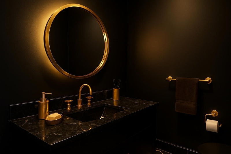 Salle de bain noir et doré : Miroir rond éclairé, comptoir en marbre noir, robinetterie dorée. Osez le mélange noir et doré !