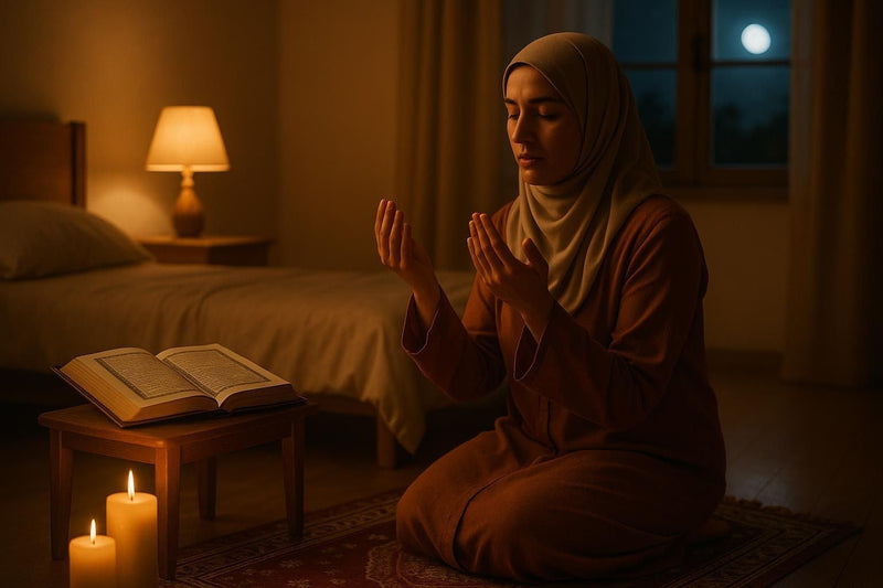 Femme en hijab priant, livre ouvert. Comment accomplir la prière nocturne Tahajjud étape par étape.