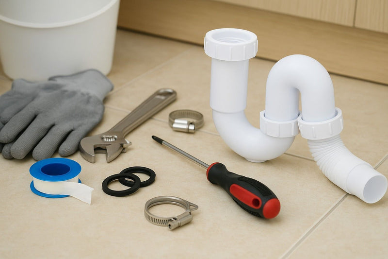 Comment raccorder un siphon à l'évacuation facilement : siphon en PVC blanc, clé à molette, joints, et outils pour plomberie.
