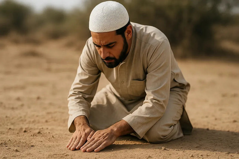 Homme musulman effectuant le Tayammum (ablutions sèches) dans le désert.