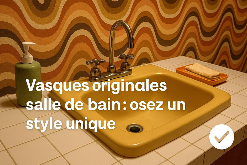 Vasque originale jaune moutarde avec robinetterie chromée dans une salle de bain rétro.
