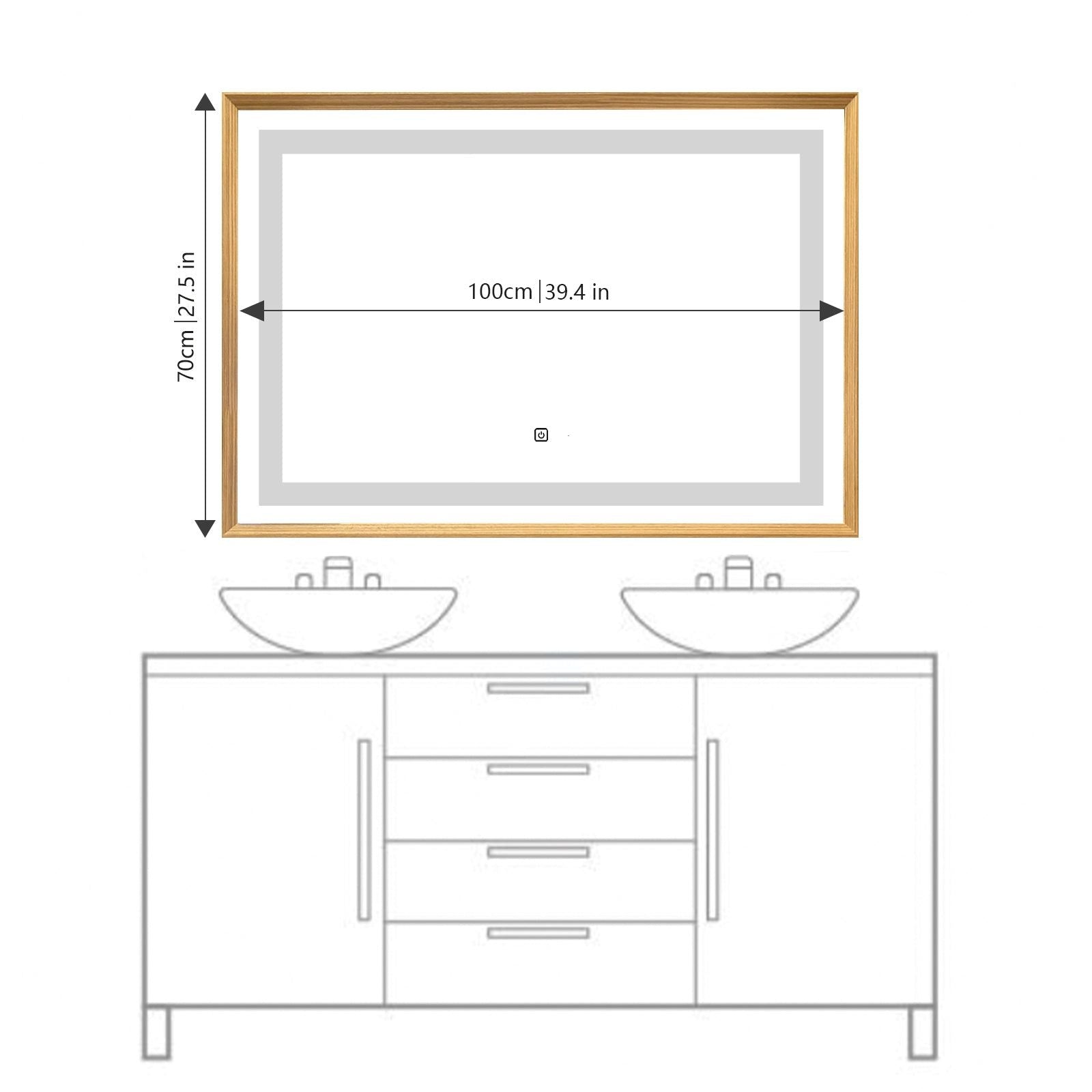 Miroir mural LED avec cadre bois : Grand miroir de salle de bain éclairé avec un cadre en bois, parfait pour les doubles vasques.
