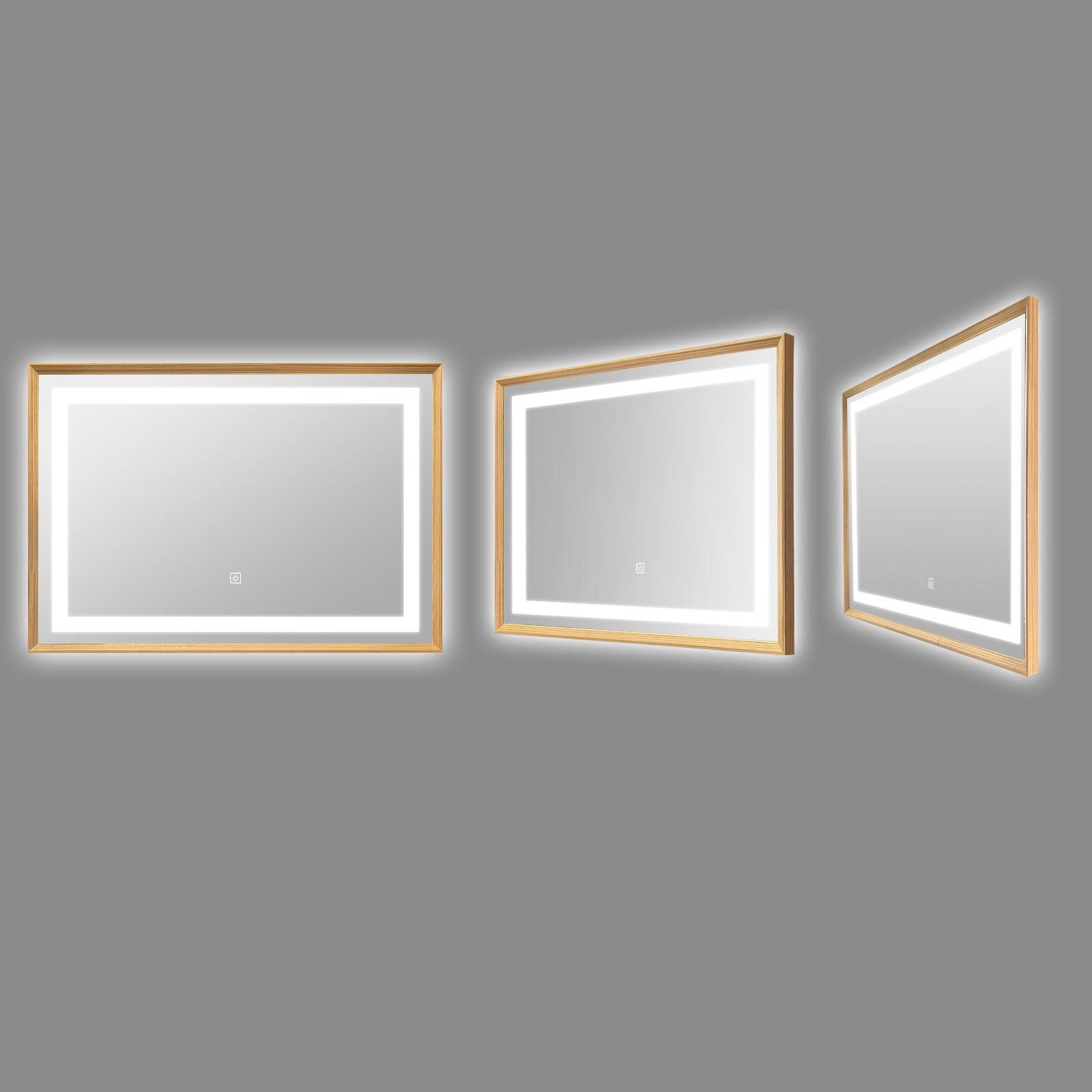 Miroir mural LED avec cadre bois: Élégant miroir mural rectangulaire avec éclairage LED intégré et cadre en bois.