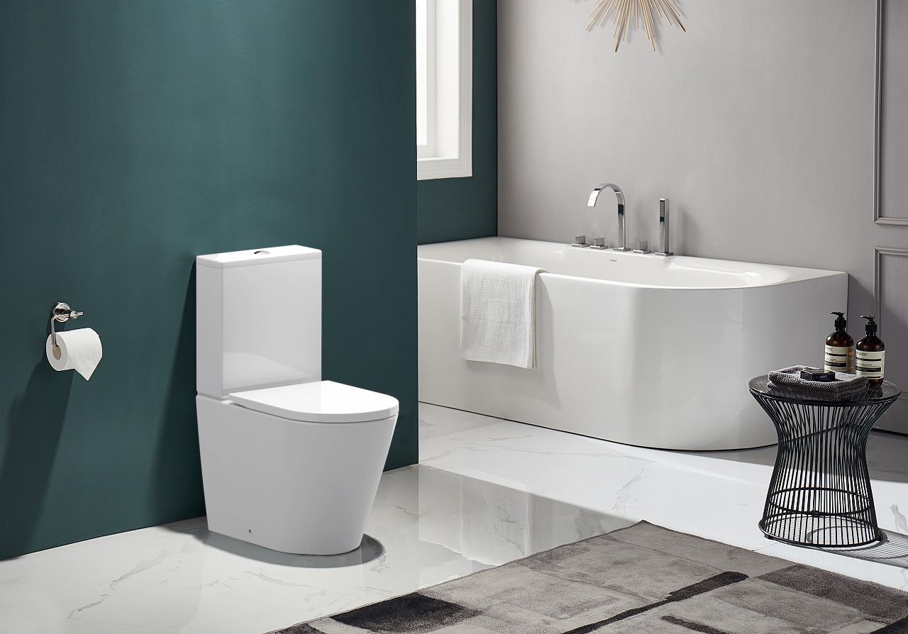 WC Blanc à poser : WC deux pièces blanc moderne au design épuré et contemporain, parfait pour une salle de bain moderne.
