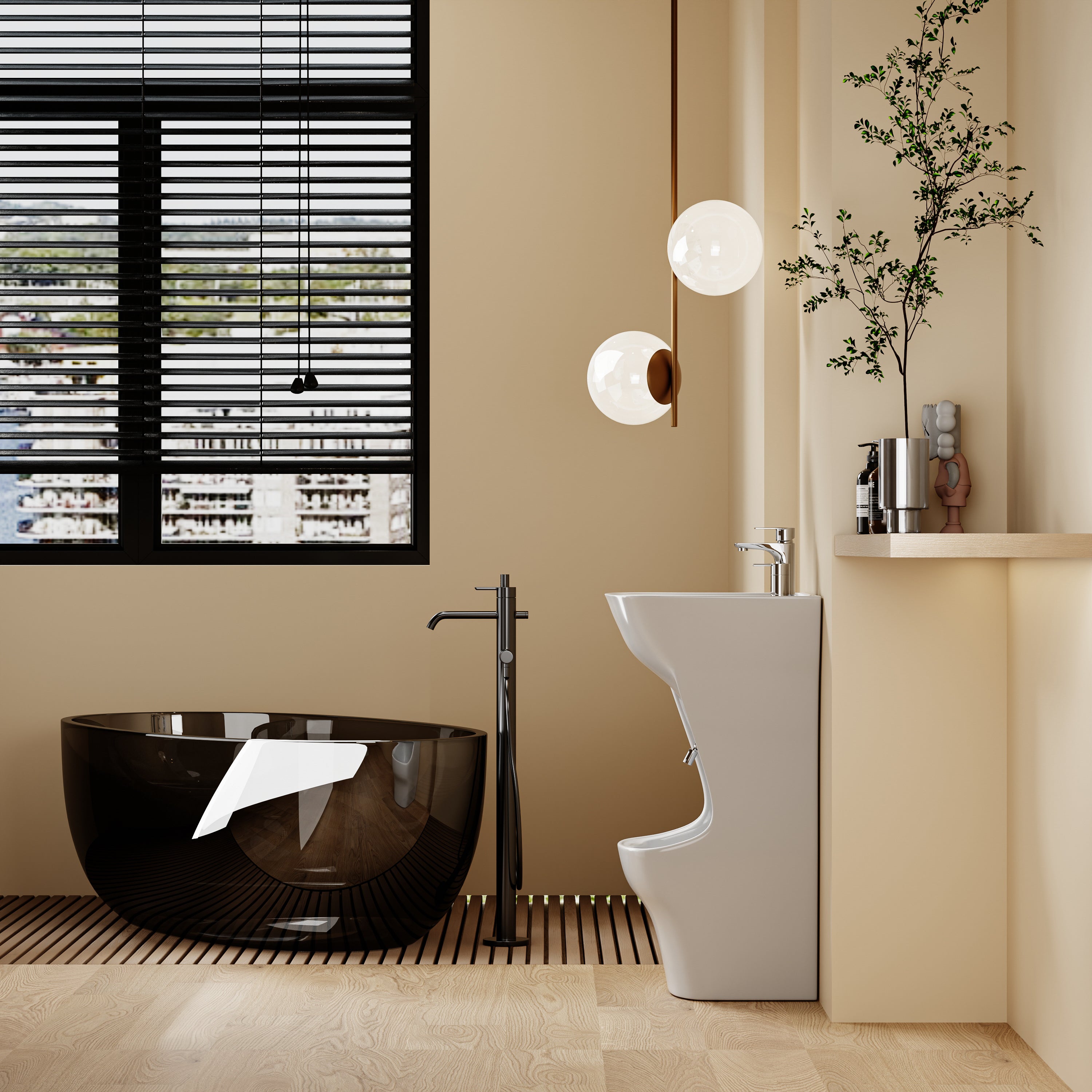 Lavabo d'angle Beyrouth blanc, design arrondi moderne, avec porte-savon intégré.