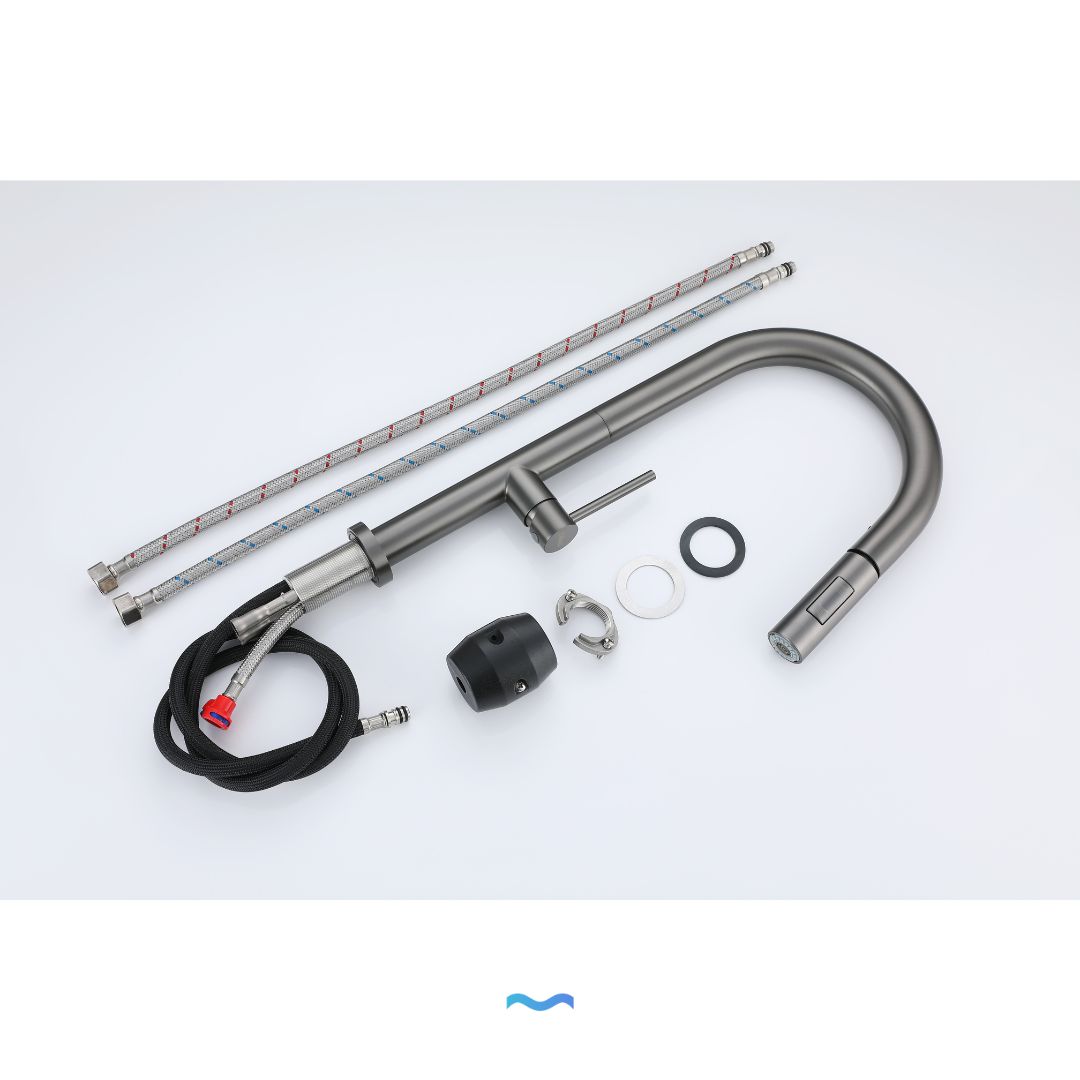 Robinet de cuisine avec Douchette Extractible gris metallique: Brushed nickel pull-down kitchen faucet with spray head and installation parts.