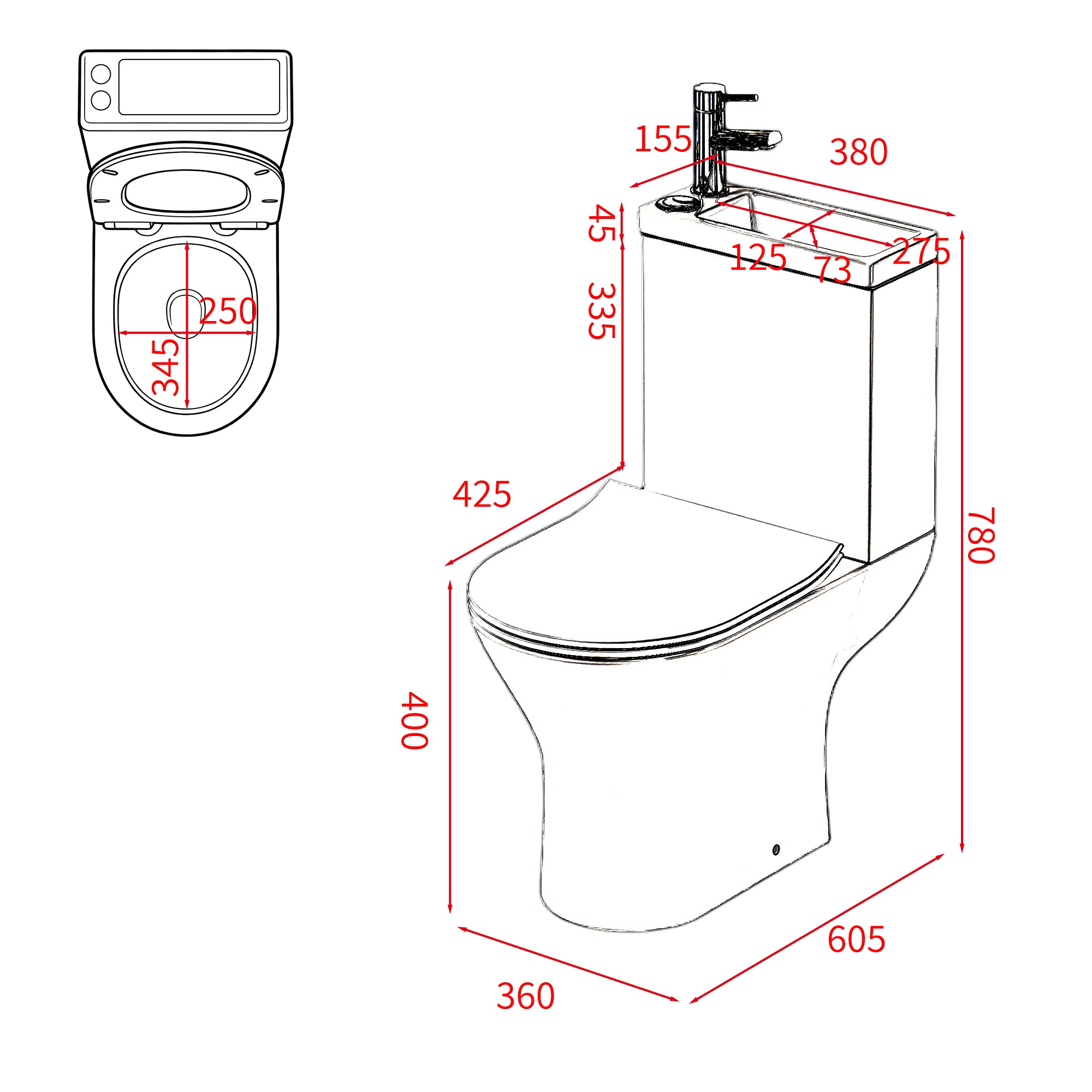 WC à poser avec lave-mains intégré 2-en-1 sans bride sortie horizontale