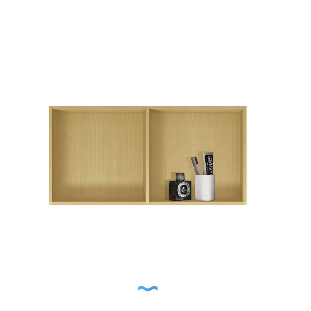 Niche de douche double, finition dorée, 60x30x12 cm : Rangement spacieux pour les produits de toilette, design de salle de bain élégant.