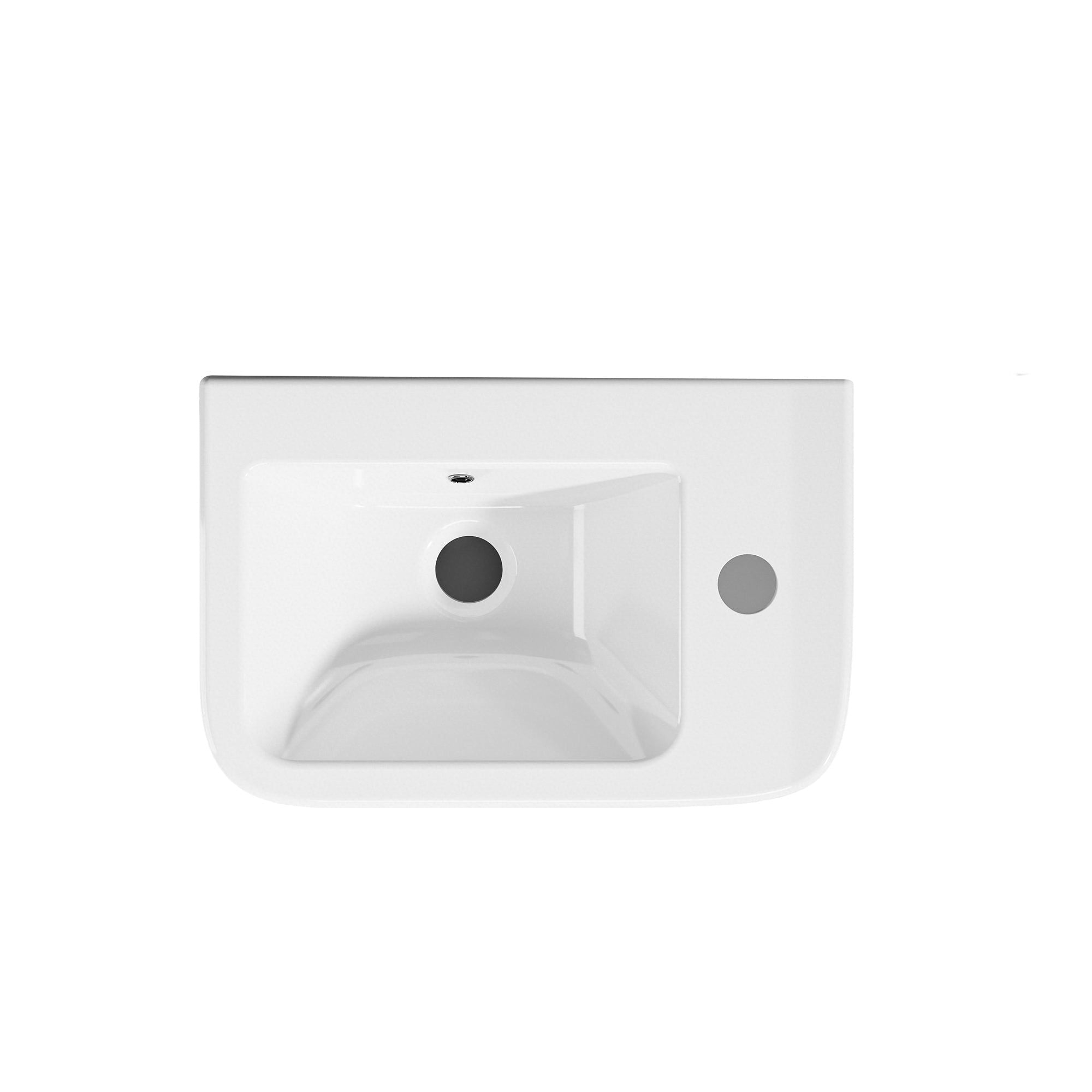 Lave-mains murale compacte en céramique blanche avec sortie droite, dimensions 37x24,5 cm.