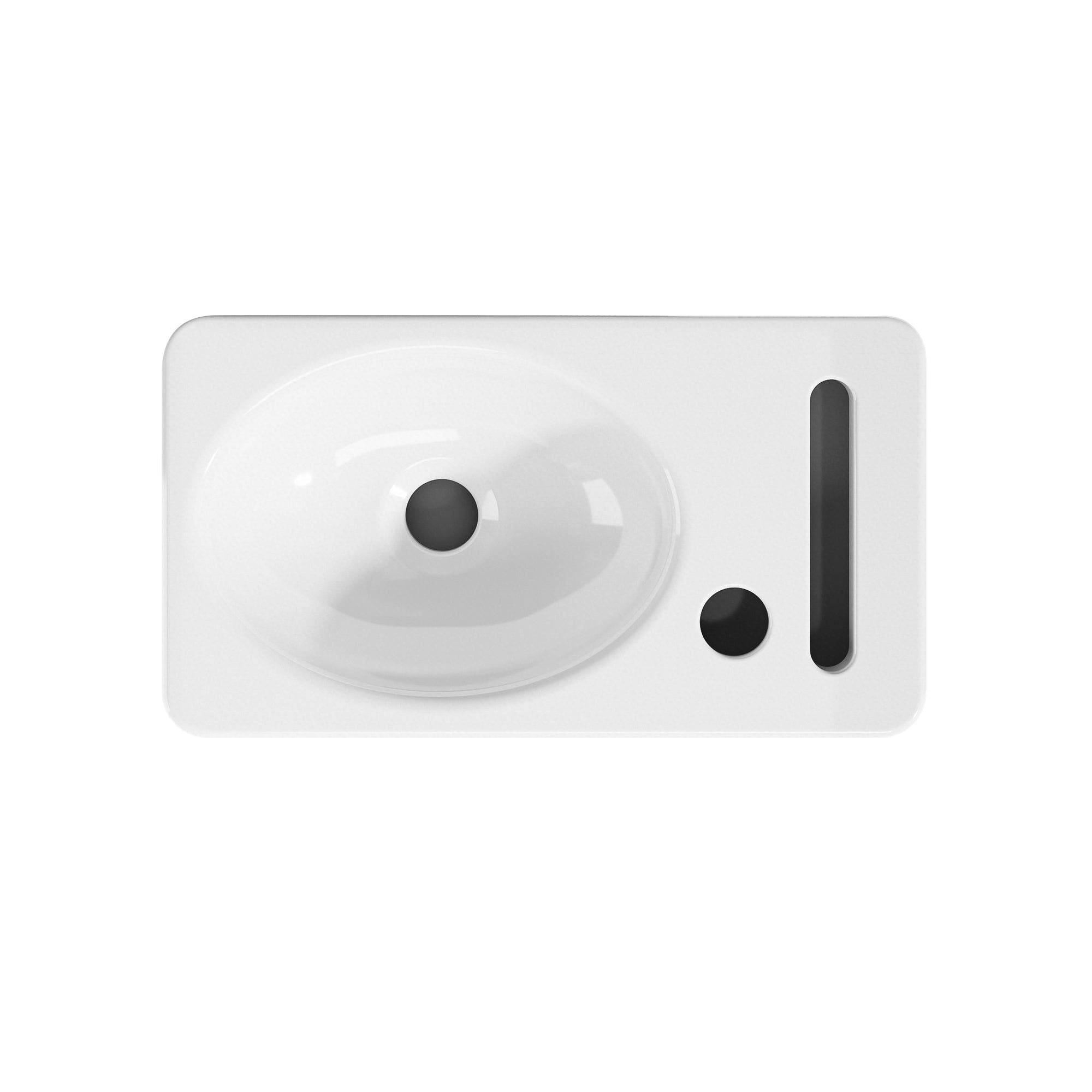 Lave-mains murale en céramique blanche avec porte-serviette intégré, vue de dessus.