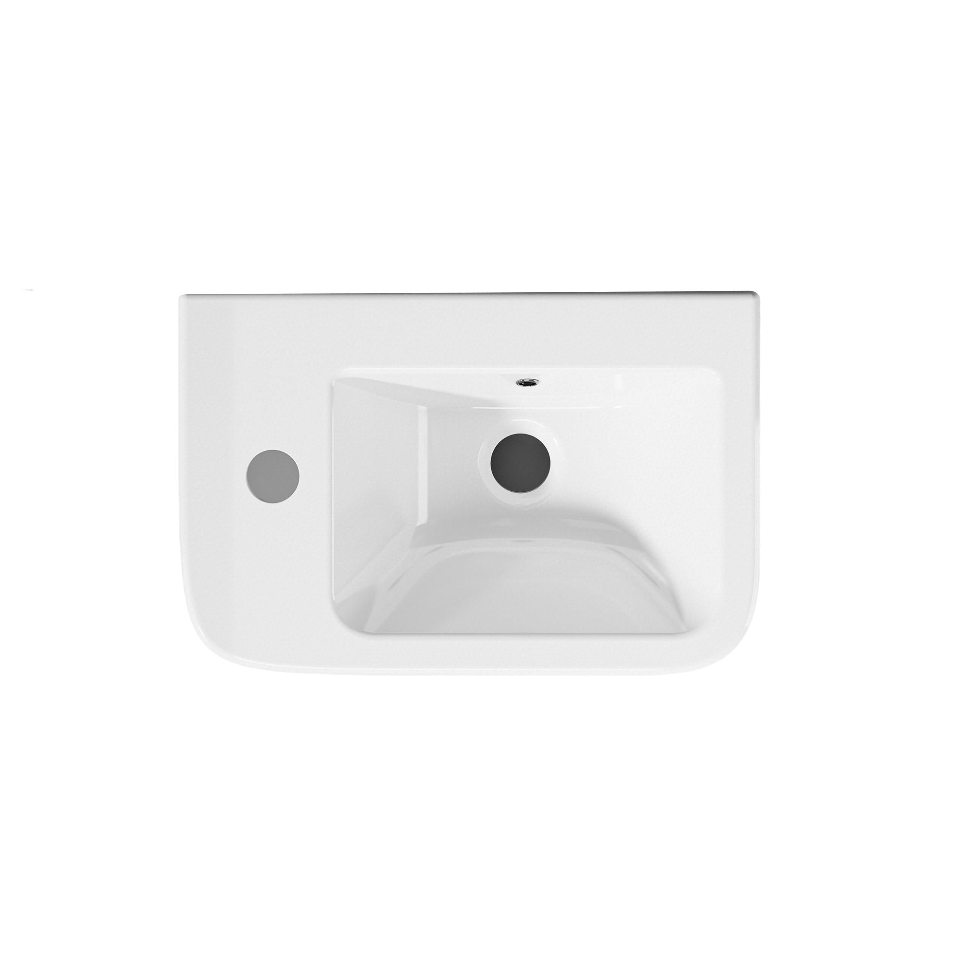 Vasque lave-mains murale compacte en céramique blanche, sortie gauche, 37x24,5cm.