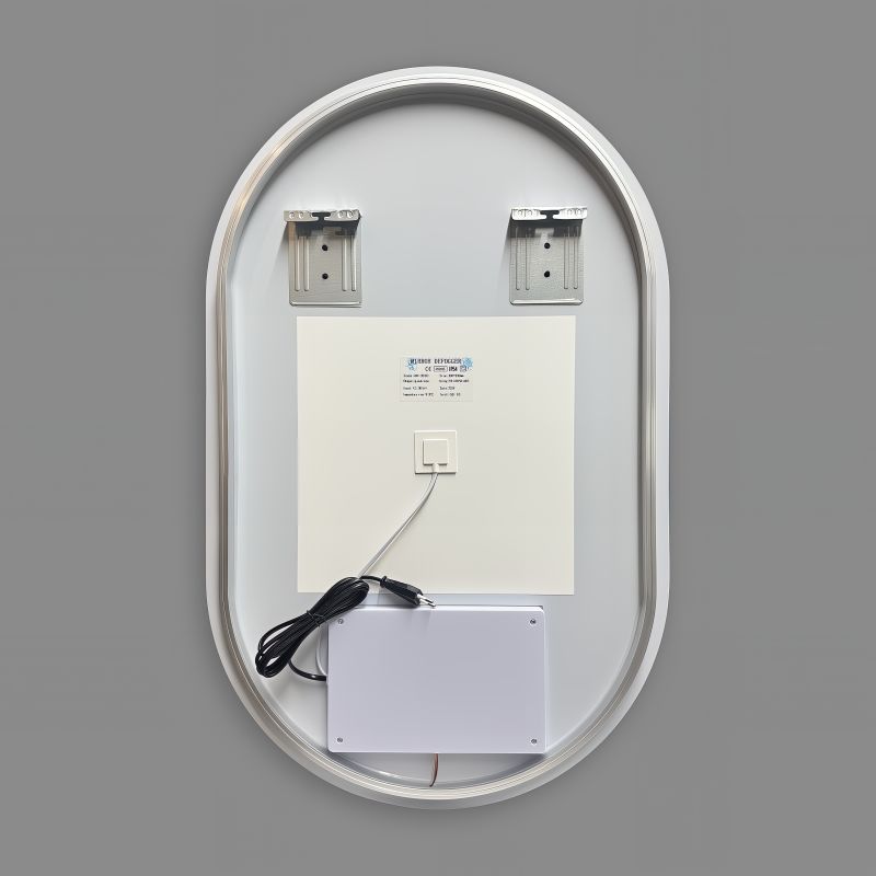 Miroir ovale LED 50x80cm : Vue arrière du miroir ovale éclairé par LED, montrant les supports de montage et l'alimentation.