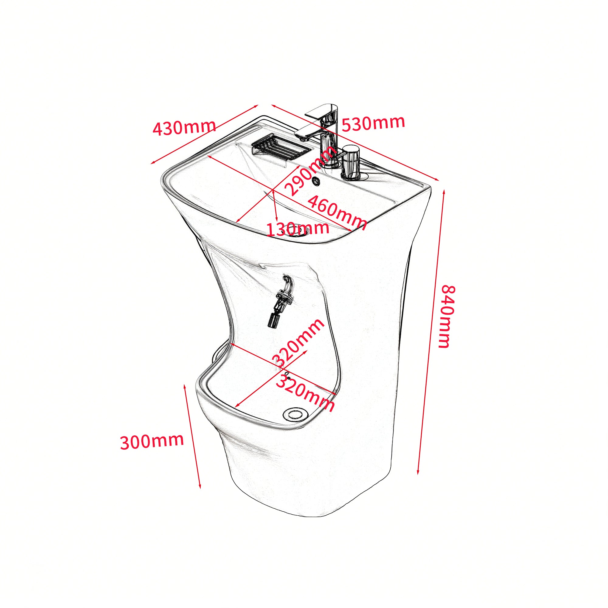 Lavabo d’ablutions Beyrouth aux dimensions 840x530mm, design arrondi avec porte-savon.