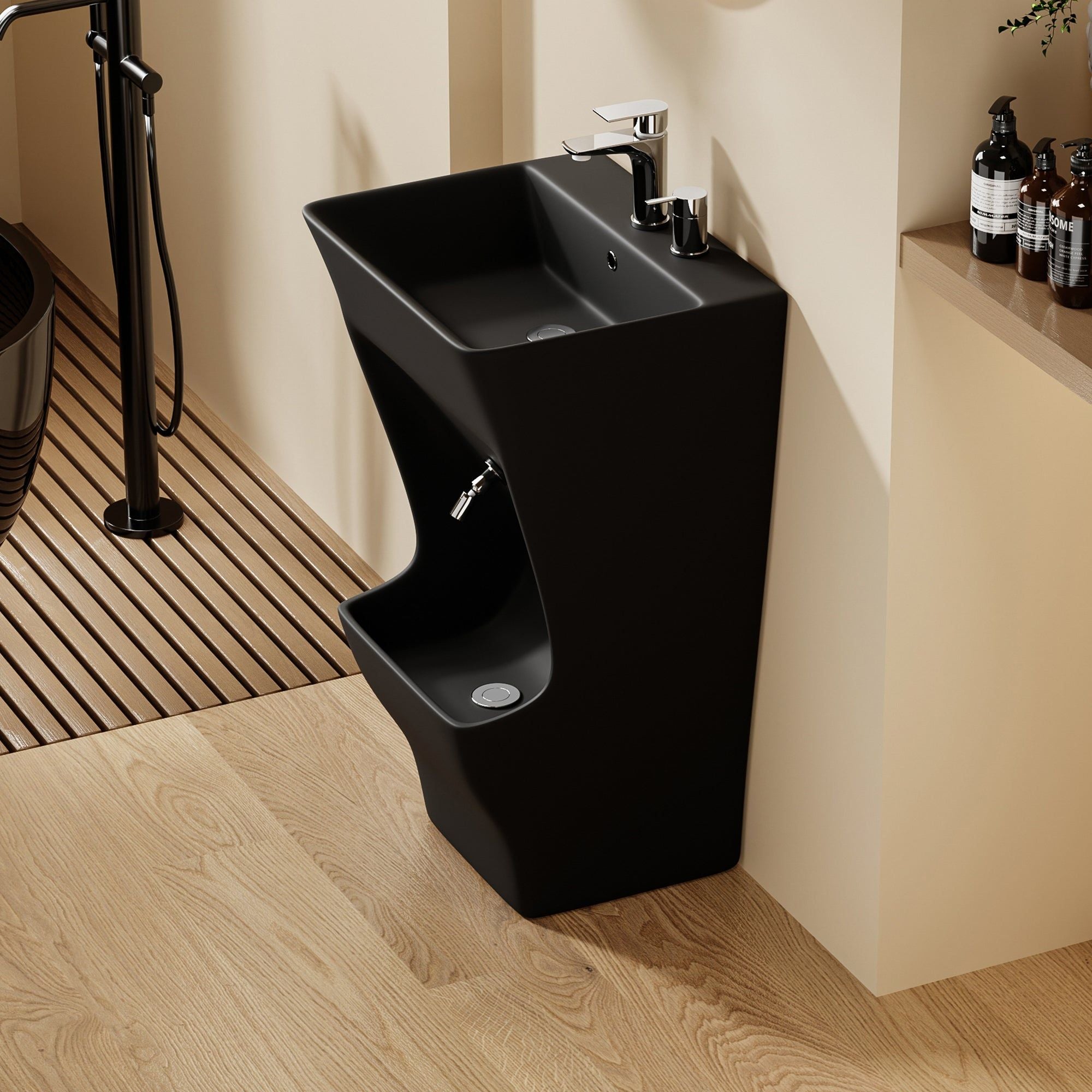 Lavabo d'ablutions Tunis, design rectangulaire, lavabo sur pied noir moderne