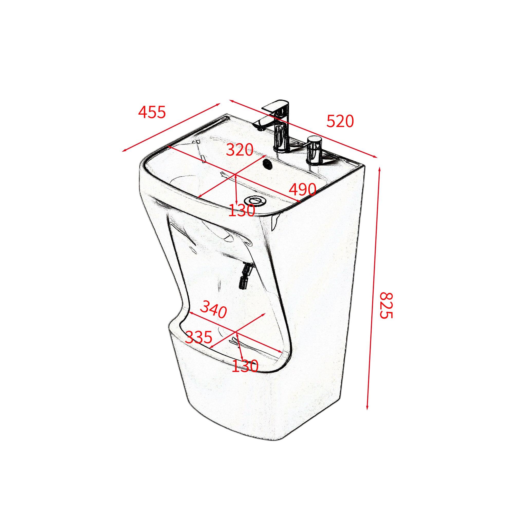 Lavabo d’ablutions GAZA double vasque moderne avec dimensions indiquées.