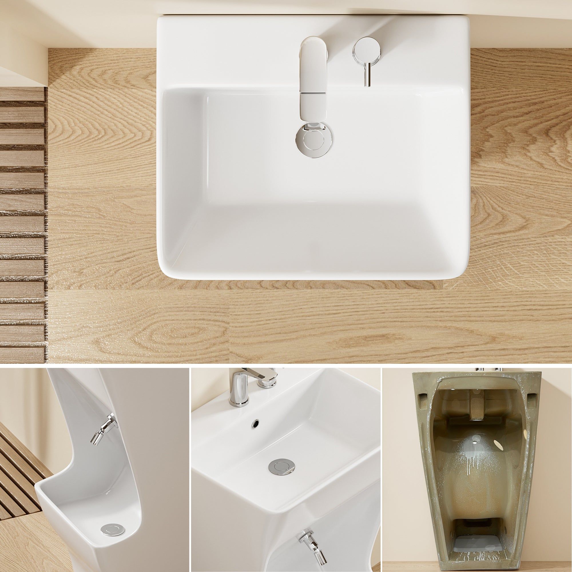 Lavabo d'ablutions Tunis - Design rectangulaire. Lavabo blanc avec robinet chromé sur sol en bois clair.