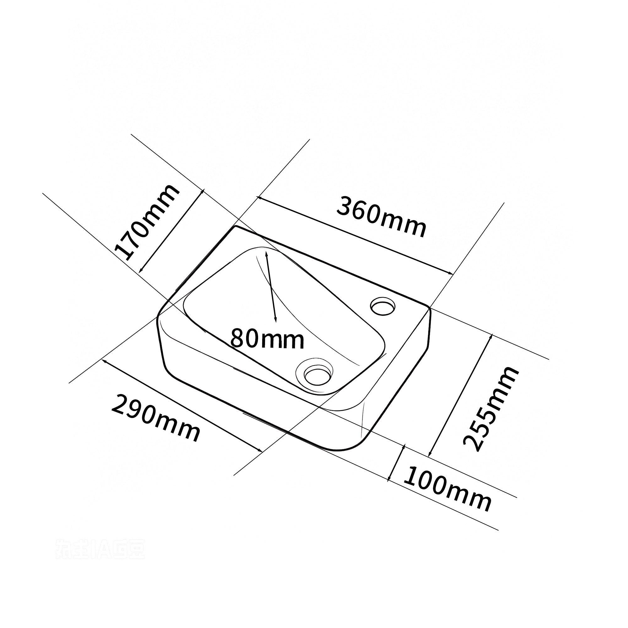 Schéma de lavabo mural avec dimensions en millimètres : 170 mm de hauteur, 360 mm de largeur, 290 mm de profondeur et 80 mm de diamètre.