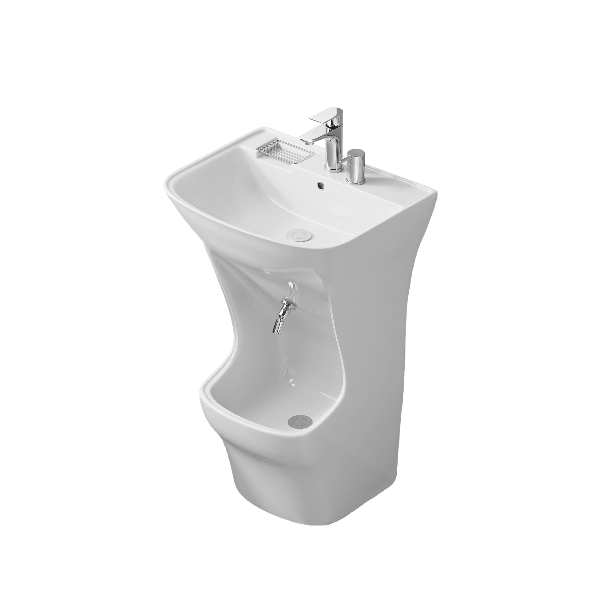 Lavabo d'ablutions Beyrouth blanc en céramique, design arrondi avec porte-savon intégré.
